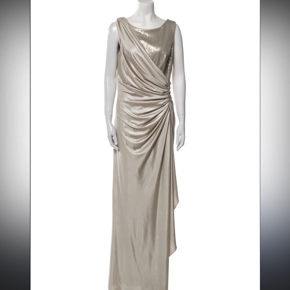 Tadashi Shoji floor length gold cowl neck gown